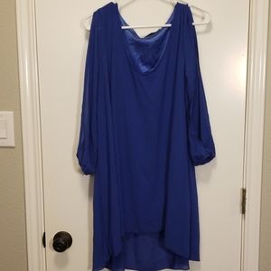 Blue shift dress with cold shoulder sleeves